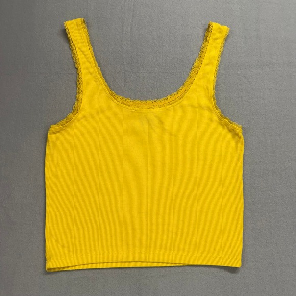 Forever 21‎ Y2K yellow Ribbed Tank Top Mushroom Embroidery Lace Trim S. Small - Picture 2 of 6